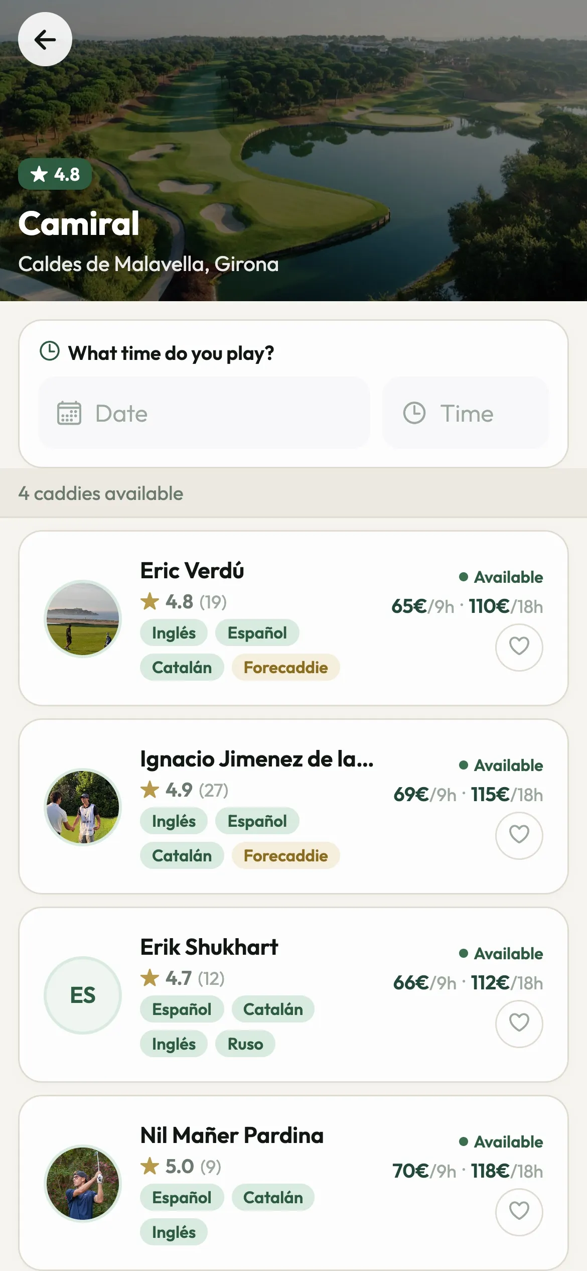 Caddies available at Camiral in the Caddify app